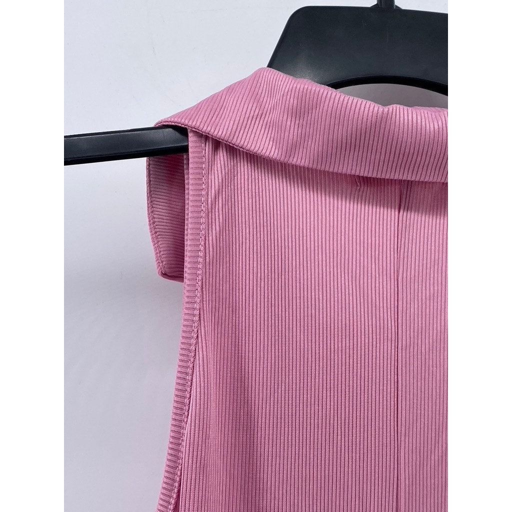 HEART & HIPS Women's Pink Ribbed V-Neck Collared Sleeveless Mini Dress SZ L
