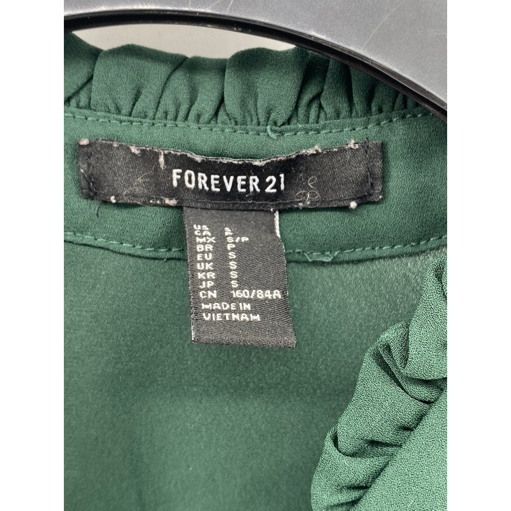 FOREVER 21 Women's Forest Green Semi Sheer Ruffle Tie-Neck Long Sleeve Top SZ S