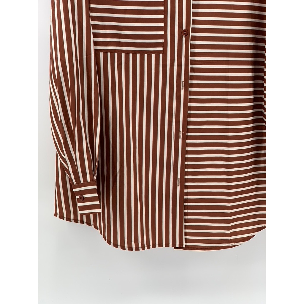 UNBRANDED Women's Brown-White Striped Button-Up Top SZ S
