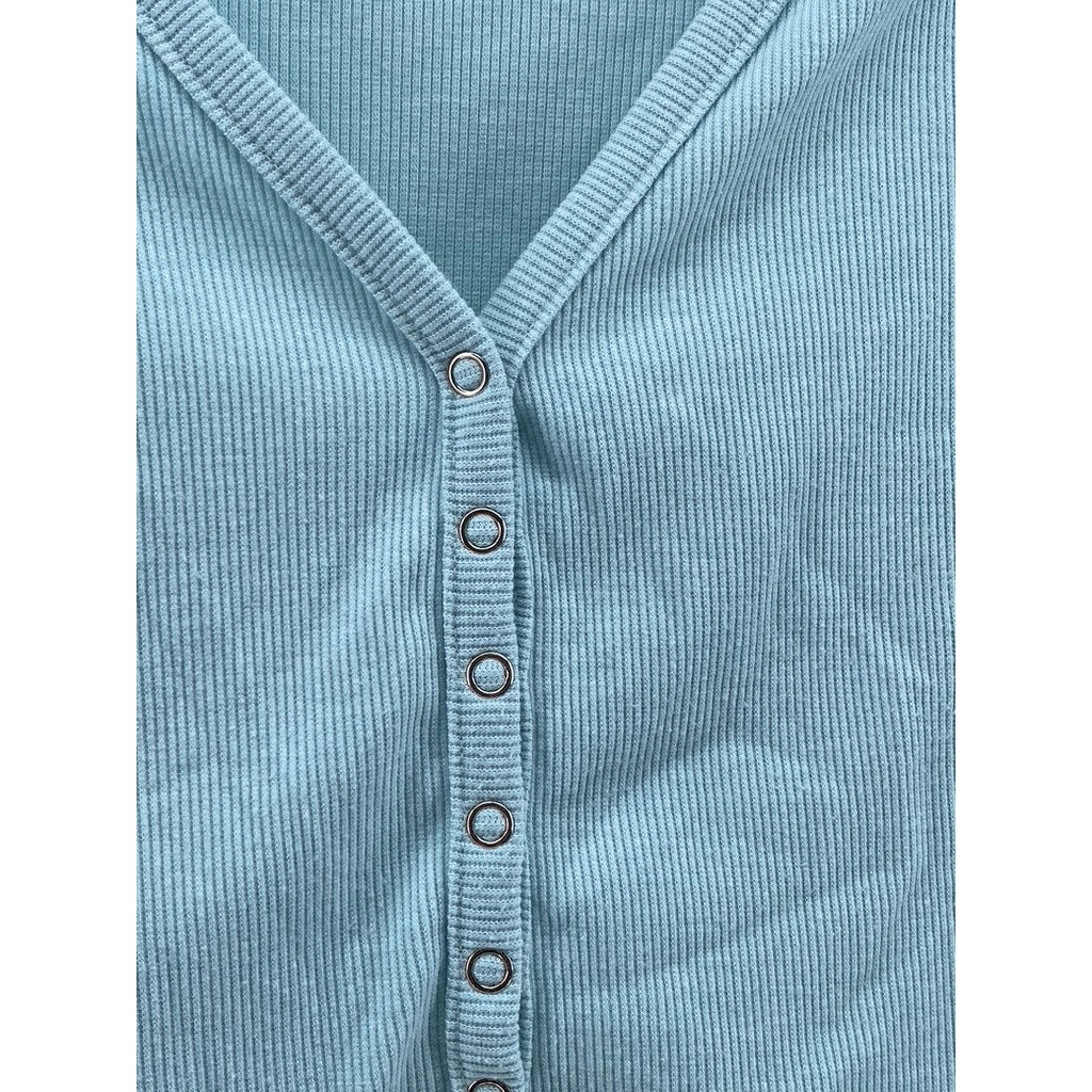 PALE JADE Women's Light Blue Ribbed V-Neck Long Sleeve Button-Up Top SZ S