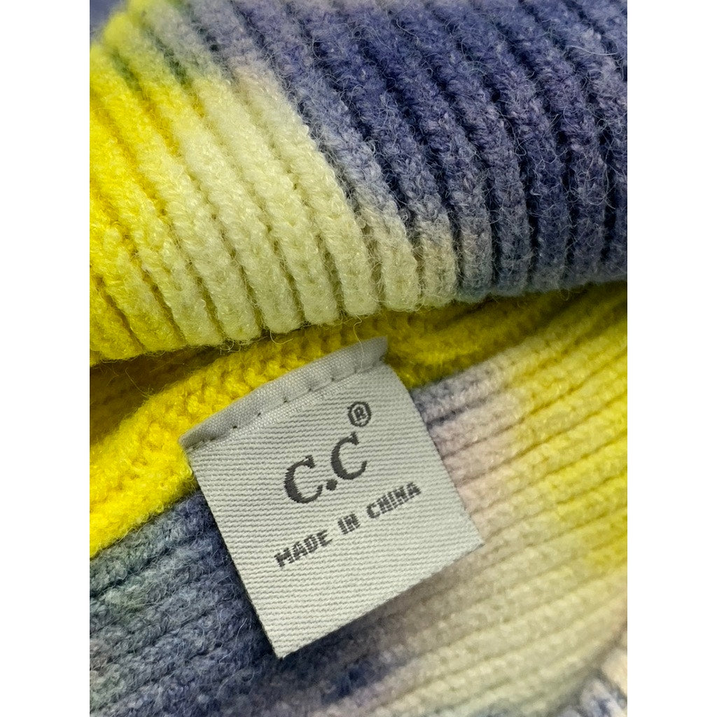 C.C Women's Yellow/Gray Tie-Dye Patch Logo Ribbed Beanie OS