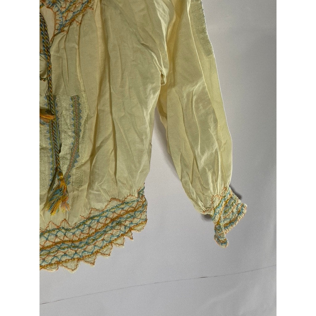 WHAT GOES AROUND COMES AROUND Women's Beige Embroidered Long SleeveTop SZ S