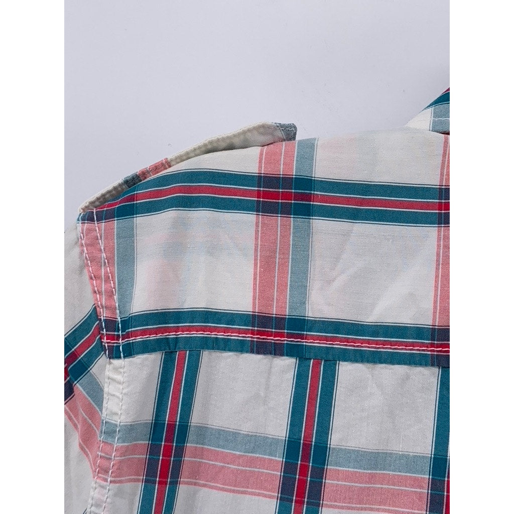 AMERICAN RAG Men's White-Multi Checkered Button-Up Short Sleeve Shirt SZ S