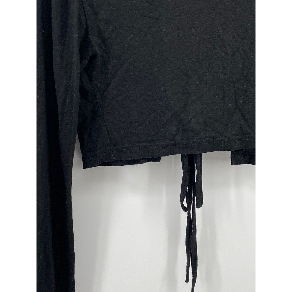 UNBRANDED Women's Black Crewneck Long Sleeve Tie-Back Keyhole Cropped Top SZ S
