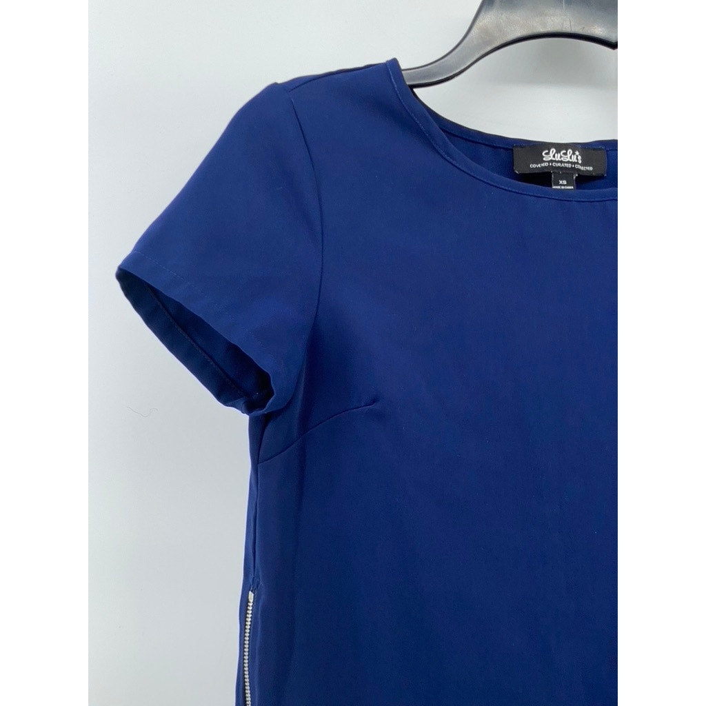 LULU'S Women's Dark Royal Blue Crewneck Short Sleeve Zipper-Hem Shift Dress SZXS