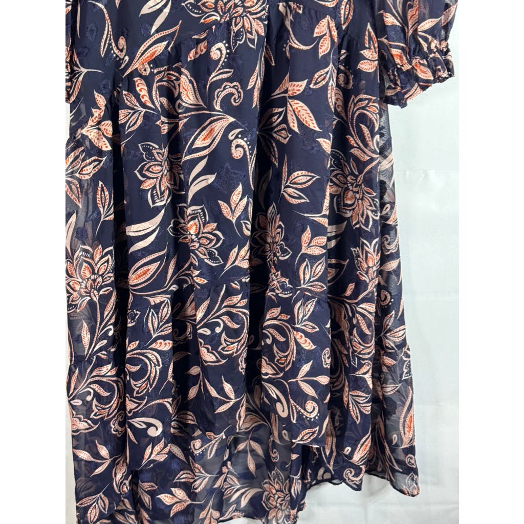 ELIZA J Women's Navy Floral Jewel Neck Tiered Chiffon Long Sleeve Dress SZ 8