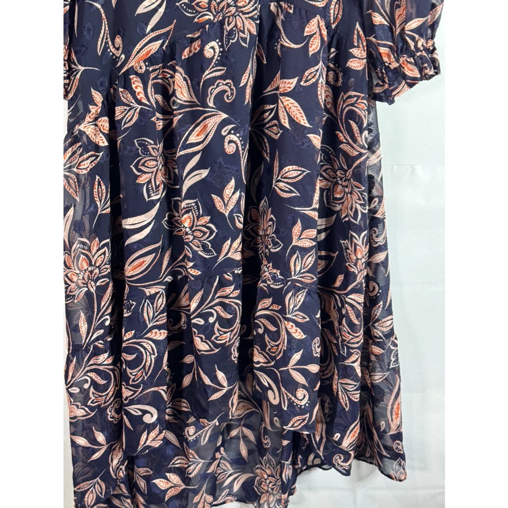 ELIZA J Women's Navy Floral Jewel Neck Tiered Chiffon Long Sleeve Dress SZ 8