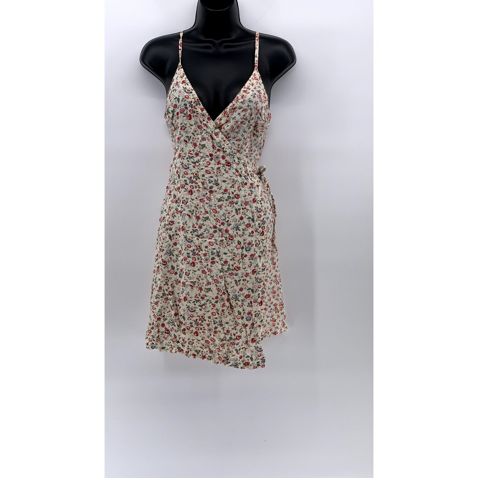 PEPE JEANS LONDON Women's Vintage Beige Floral Print V-Neck Wrap Mini Dress SZ S