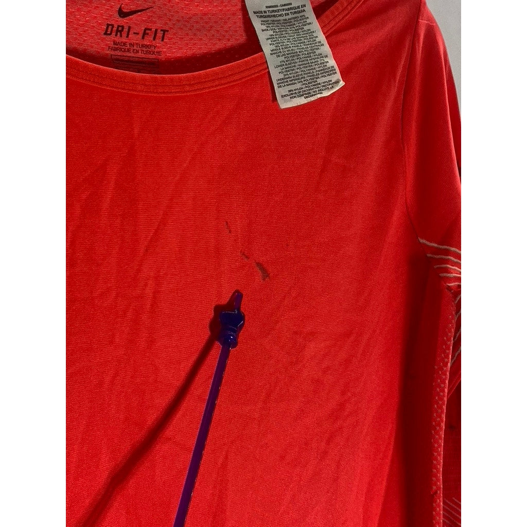 NIKE Women's Neon Orange Boatneck Knit Epic Dri-Fit Long Sleeve Training Top SZS