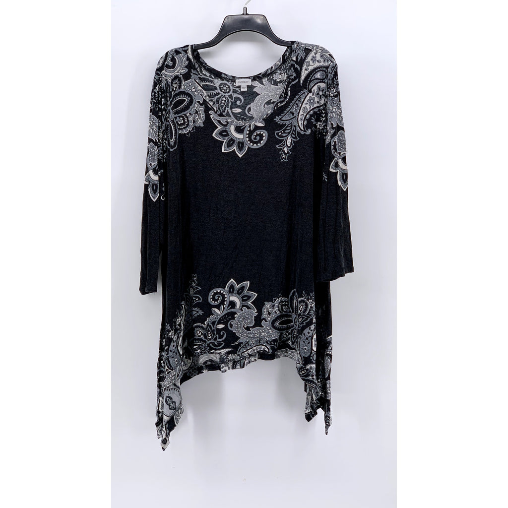 AVENUE Women's Plus Washed Black Paisley Printed 3/4 Sleeve Top SZ 26/28