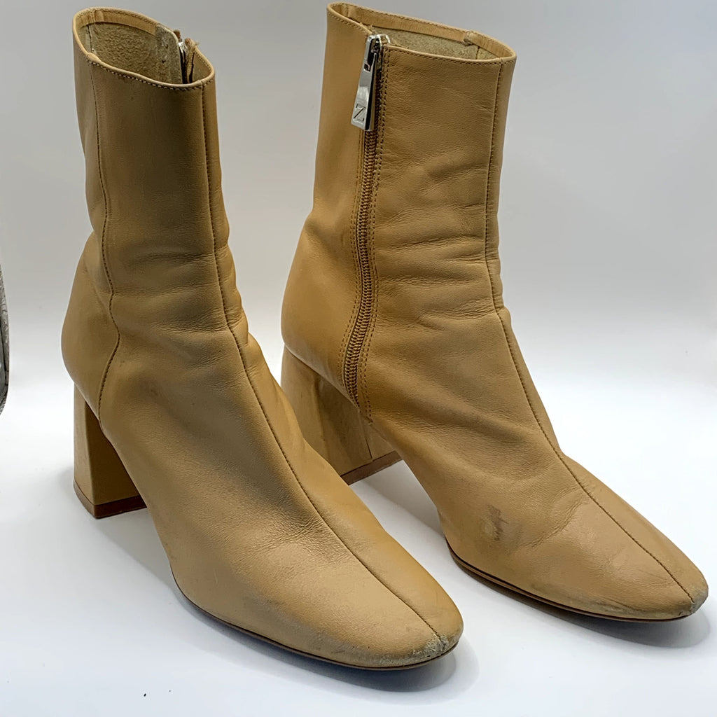 ZARA Women's Tan Faux-Leather Block-Heel Round-Toe Ankle Boots SZ 8
