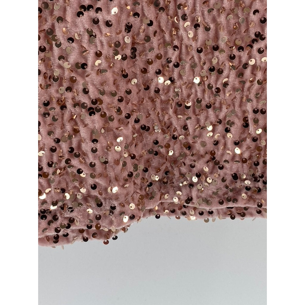 R. VIVIMOS Women's Pink Crewneck Sequin Open-Back Elbow Sleeve Mini Dress SZ L