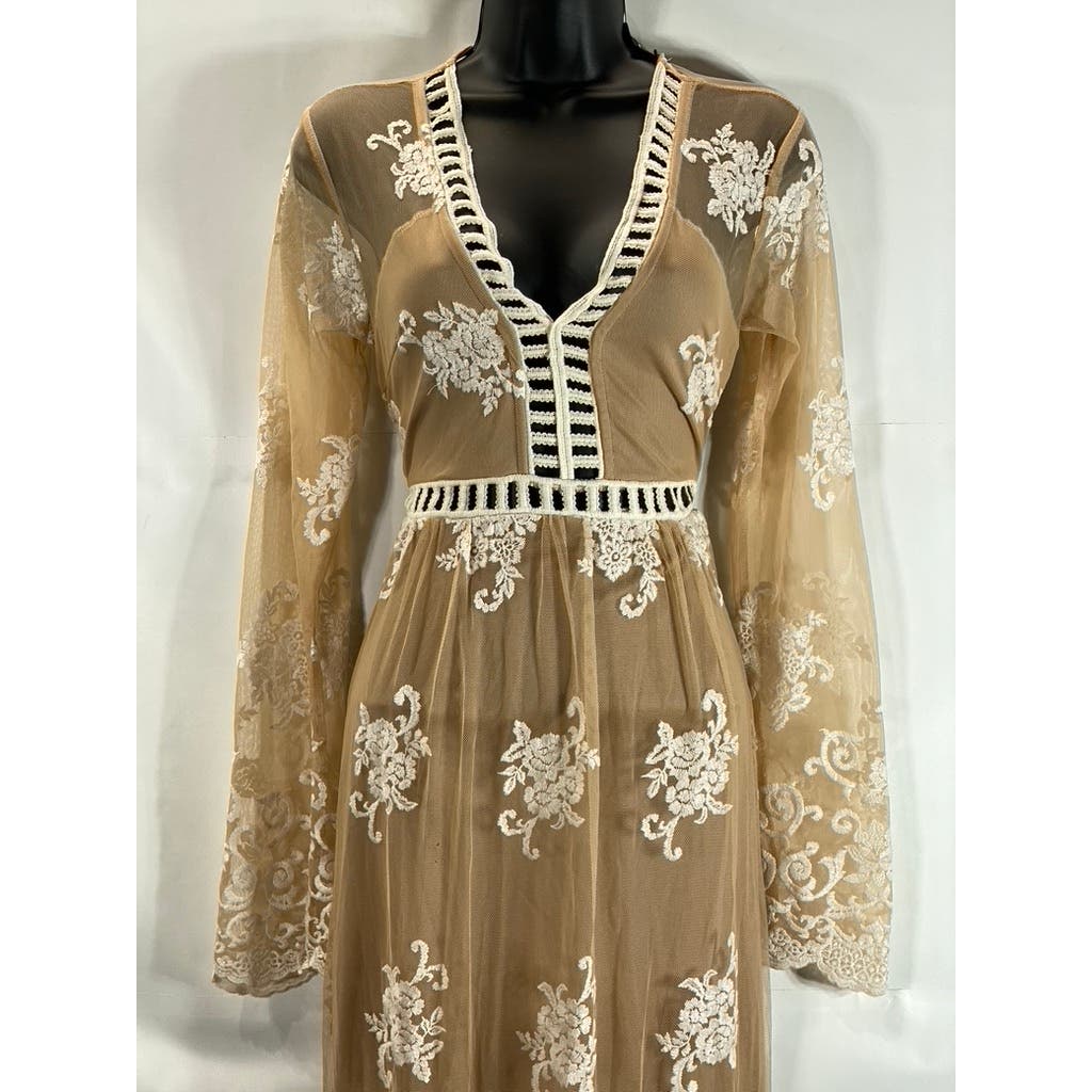 CIDER Women's Tan V-Neck Mesh Floral Lace Long Sleeve Maxi Dress SZ M(US6)