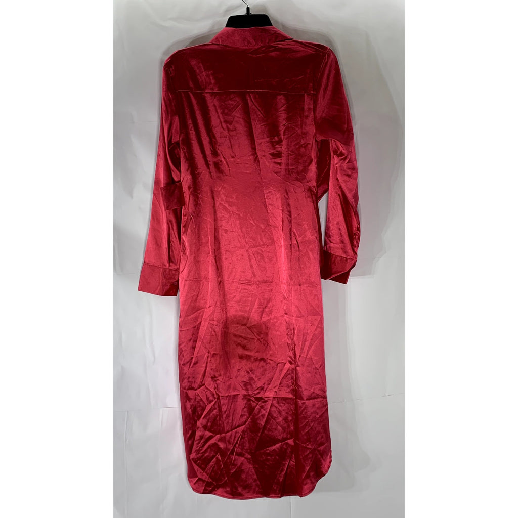 SHEIN Women's Dark Pink Satin Button-Up Long Sleeve Maxi Relaxed-Fit Dress SZ XS