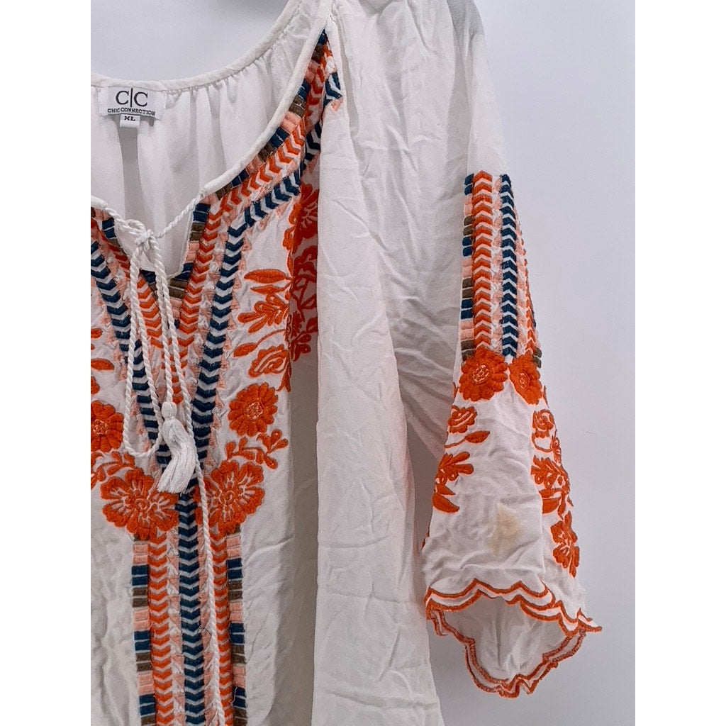 CHIC CONNECTION Women's White-Orange Embroidered Short Sleeve Mini Dress SZ XL