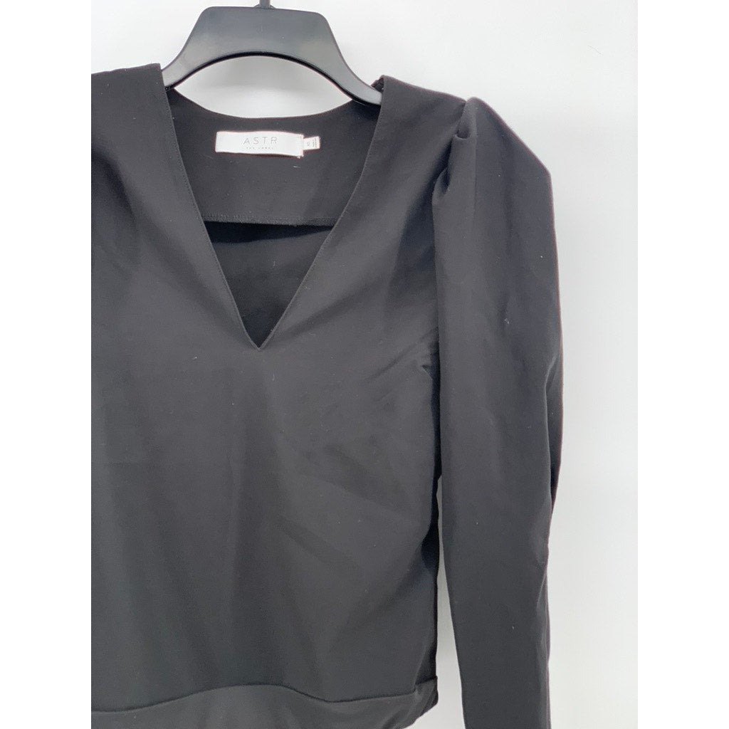ASTR THE LABEL Women's Black Long Puff Sleeve V-Neck Thong Bodysuit SZ XS