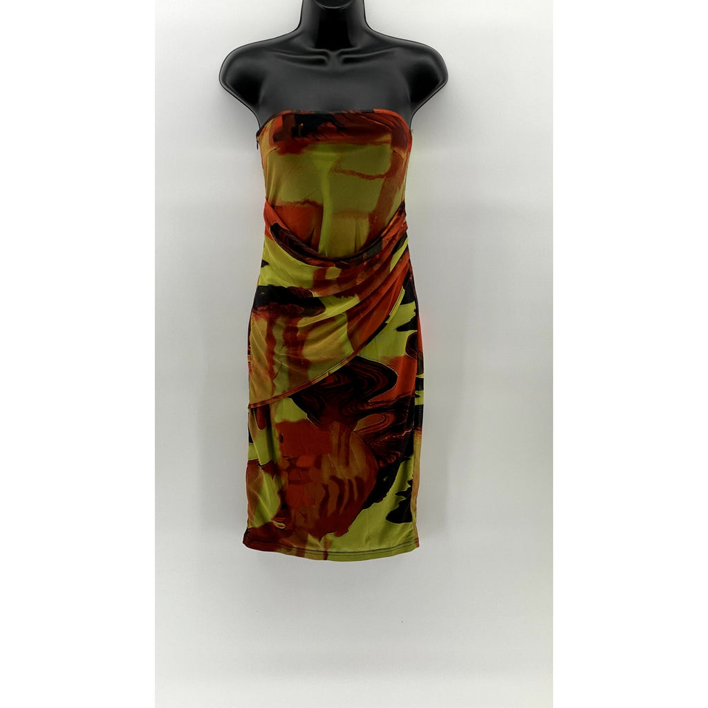 SHEIN Women's Green-Red Printed Strapless Mesh Side-Ruched Bodycon Dress SZ 6
