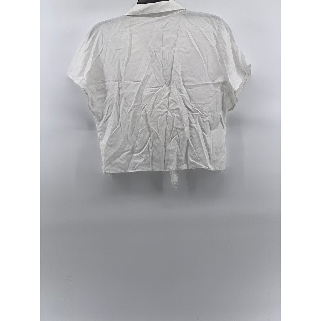 WILFRED FREE Women’s White Tie-Knot Short Sleeve Button-Up Cropped Top SZ S
