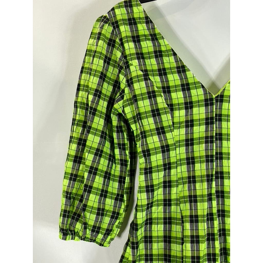 CIDER Women's Black/Green Neon Plaid V-Neck Long Sleeve Mini Dress SZ S(US4)