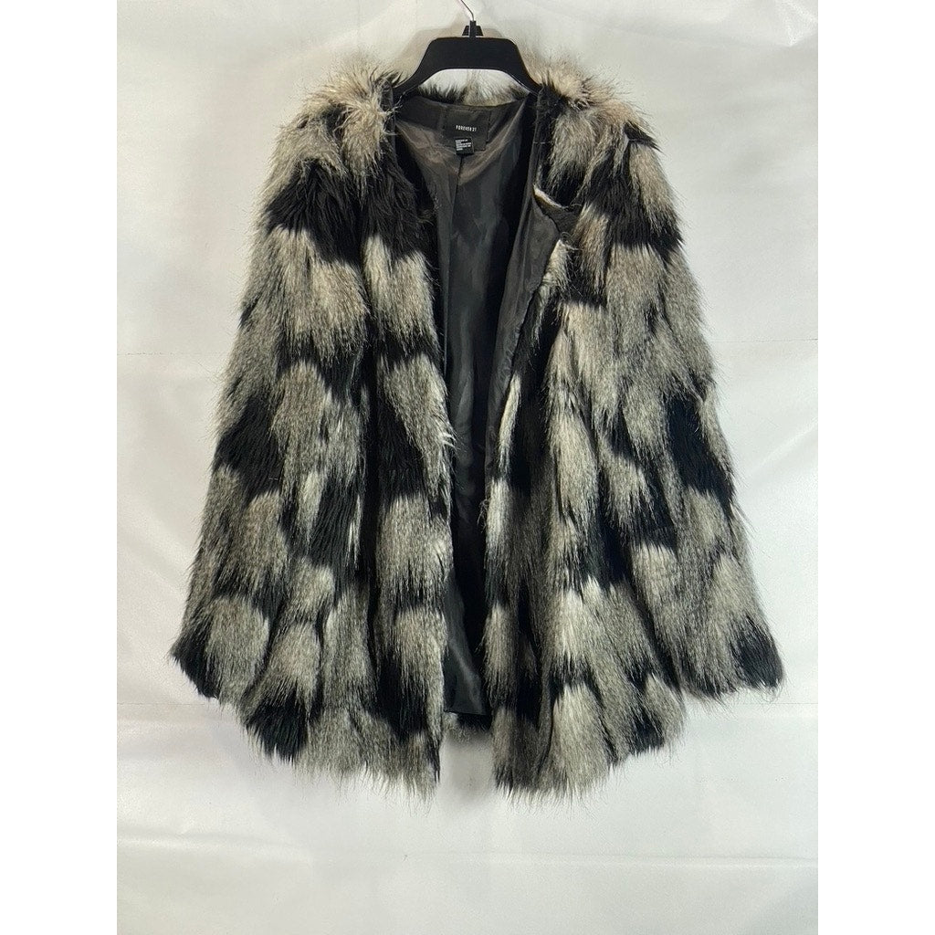 FOREVER 21 Women's Black/White Faux Fur Open-Front Coat SZ L