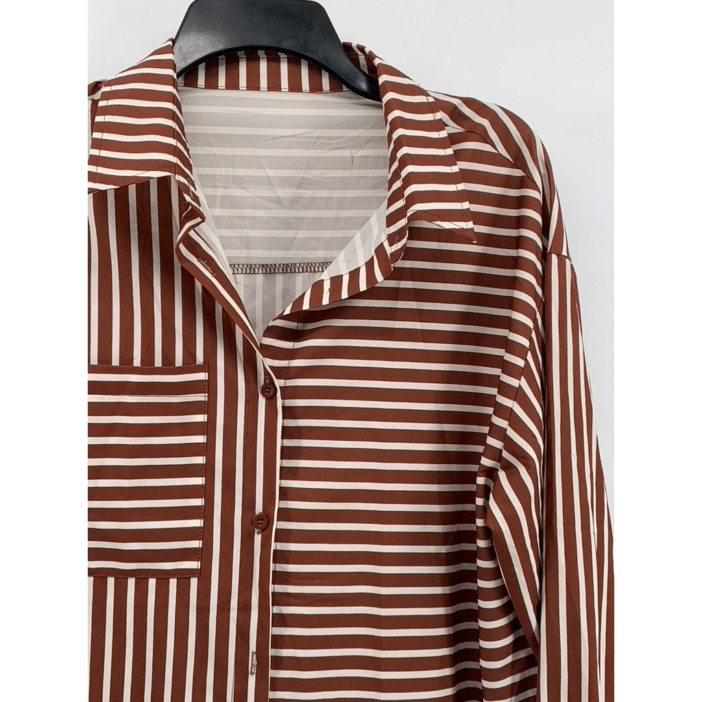 UNBRANDED Women's Brown-White Striped Button-Up Top SZ S