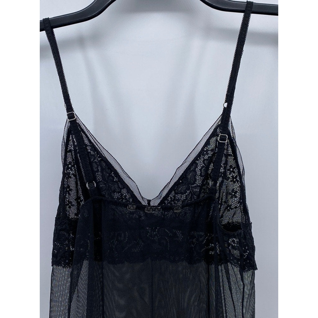 UNBRANDED Women's Black Lace Trim Sheer V-Neck Spaghetti Strap Night Gown SZ S