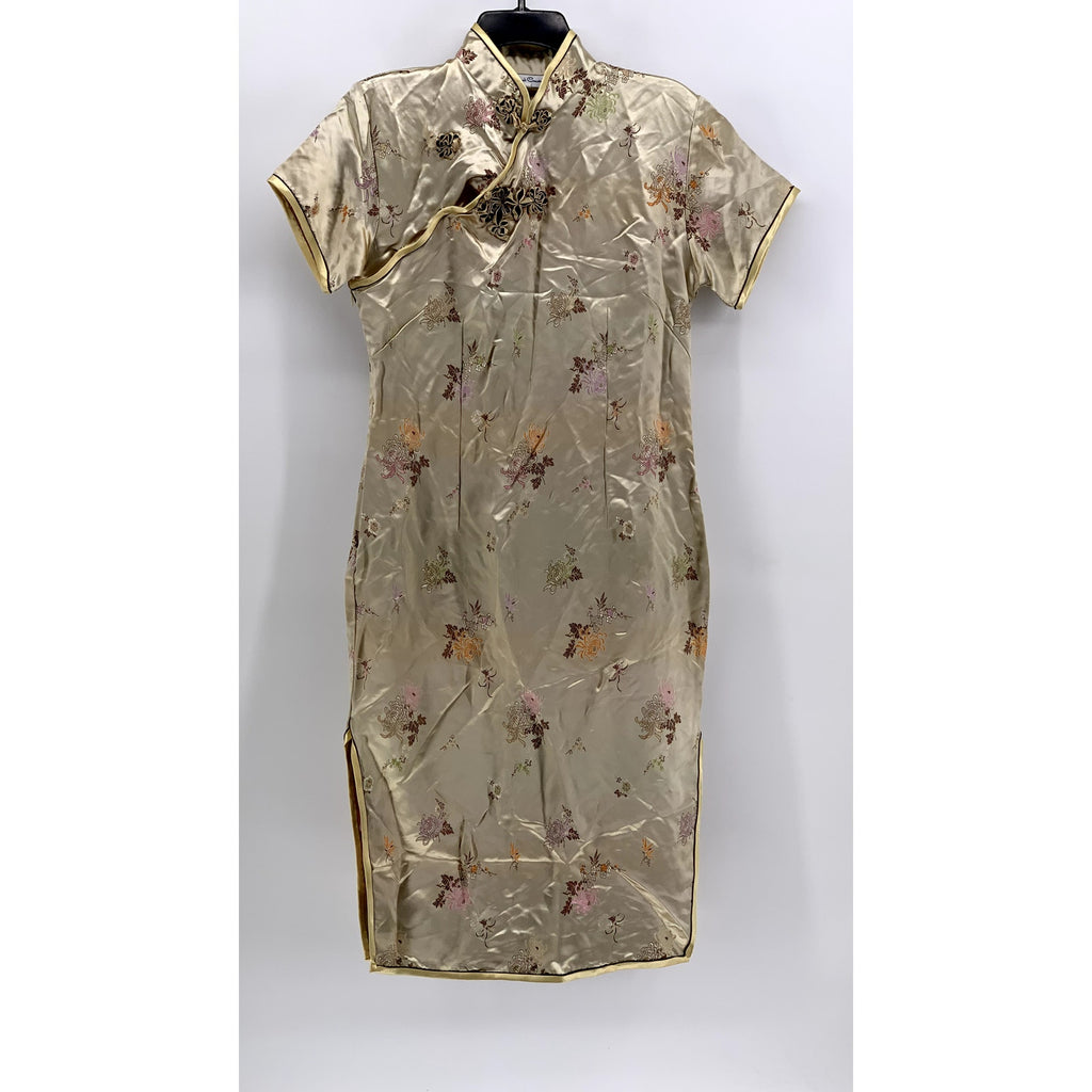 SILKROAD CREATIONS Women's Beige Satin Floral Print Cheongsam Dress SZ 40(US12)