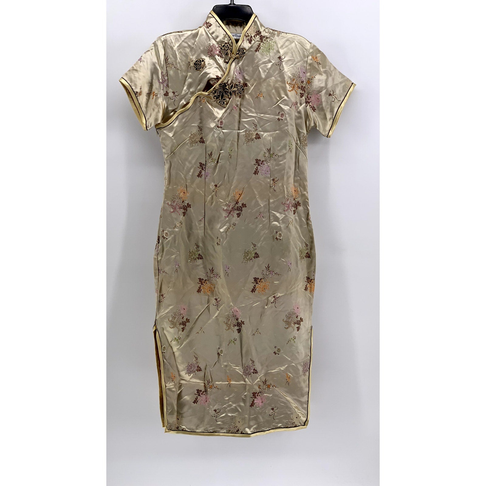 SILKROAD CREATIONS Women's Beige Satin Floral Print Cheongsam Dress SZ 40(US12)