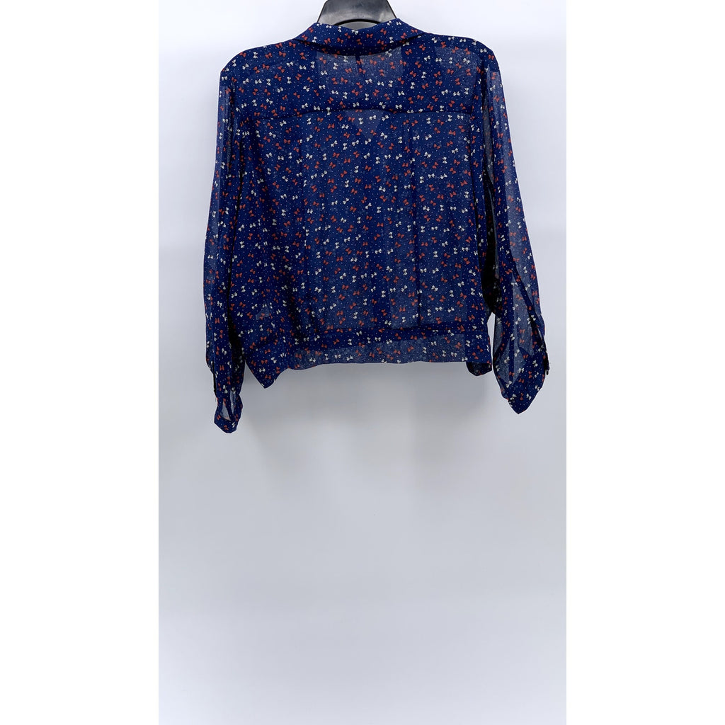 COTTON CANDY Women's Blue Mini Bow Print Button-Up Long Sleeve Sheer Top SZ M