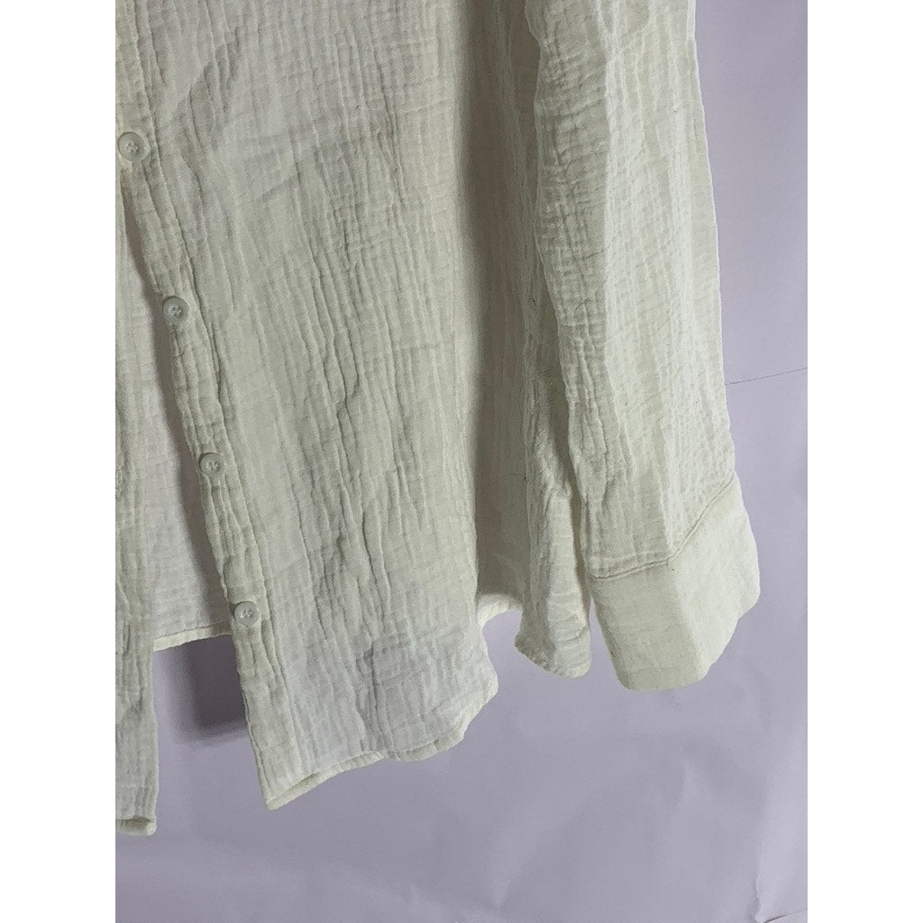 SHEIN Women’s Off-White Oversized-Fit Button-Ip Long Sleeve Top SZ S