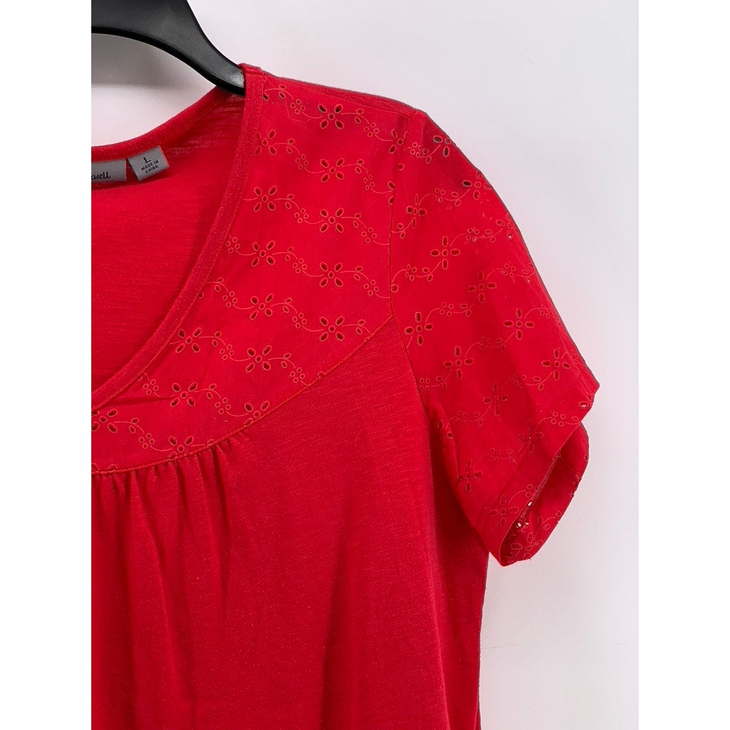 JASON MAXWELL Women's Red Pleated V-Neck Short Sleeve Top SZ L