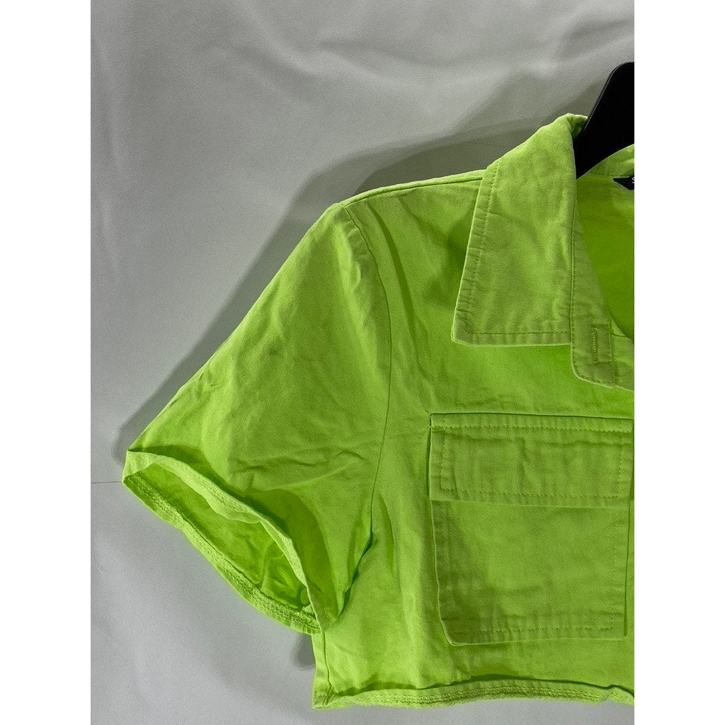 SHEIN Women's Bright Green Denim Cropped Short Sleeve Button-Up Top SZ S