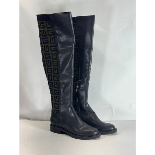 GUESS Women's Black/Taupe Remone Block-Heel Pull-on Knee High Boots SZ 7