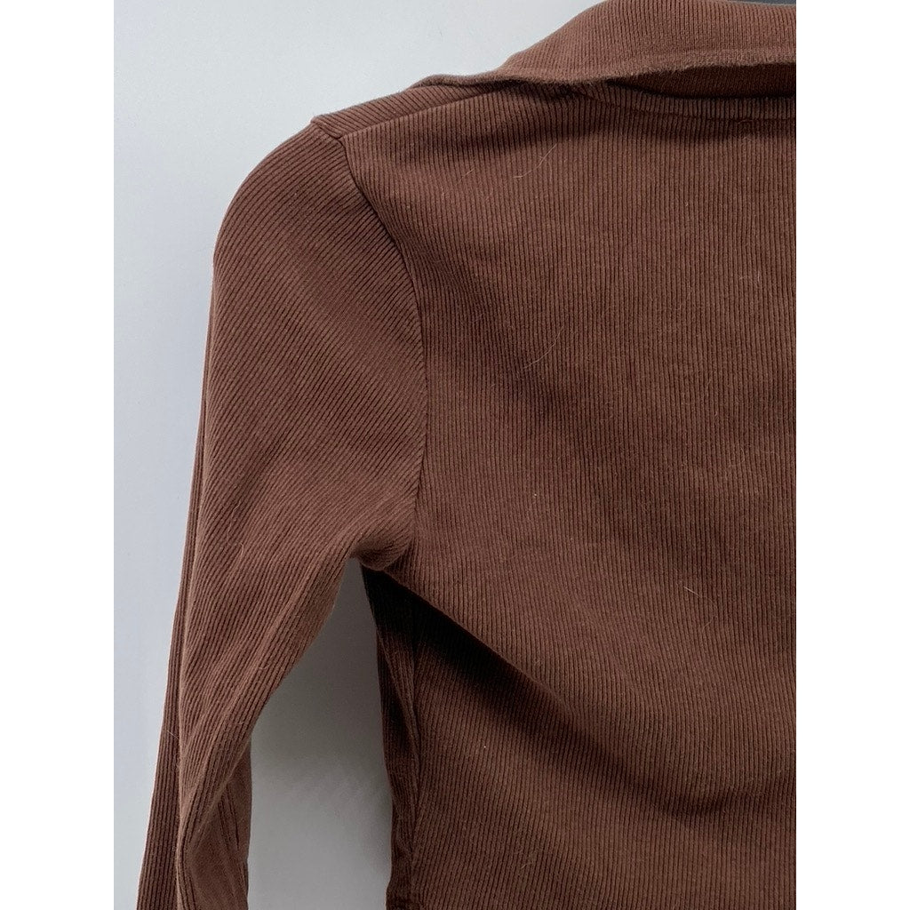 ZARA Women's Brown Ribbed Long Sleeve Casual Polo Crop Top SZ M