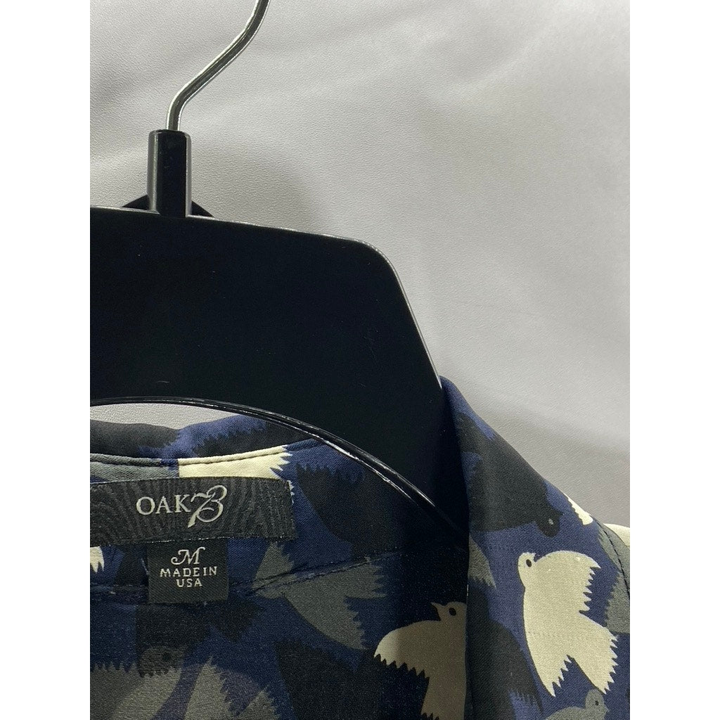 OAK73 Women's Blue/Black/White Bird Print Button-Up Long Sleeve Top SZ M