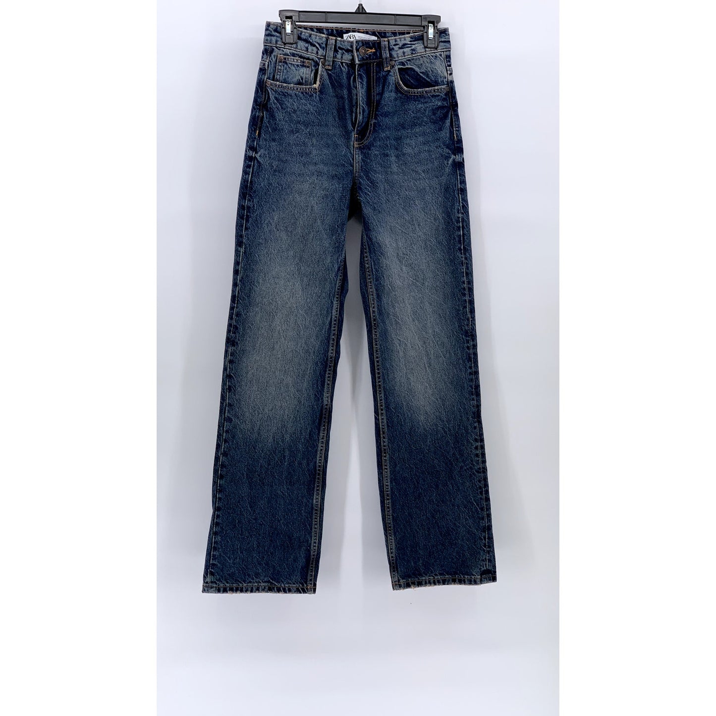 ZARA Women's Dark Blue High-Rise Straight-Leg Regular-Fit Five-Pocket Jeans SZ 2