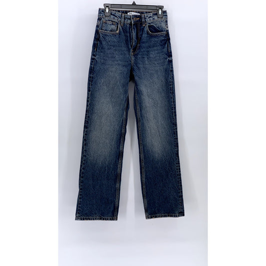 ZARA Women's Dark Blue High-Rise Straight-Leg Regular-Fit Five-Pocket Jeans SZ 2