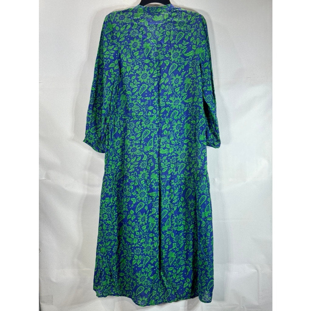 WHISTLES Women's Green/Blue Multi Valeria Henna 3/4 Sleeve Shirt Dress SZ L