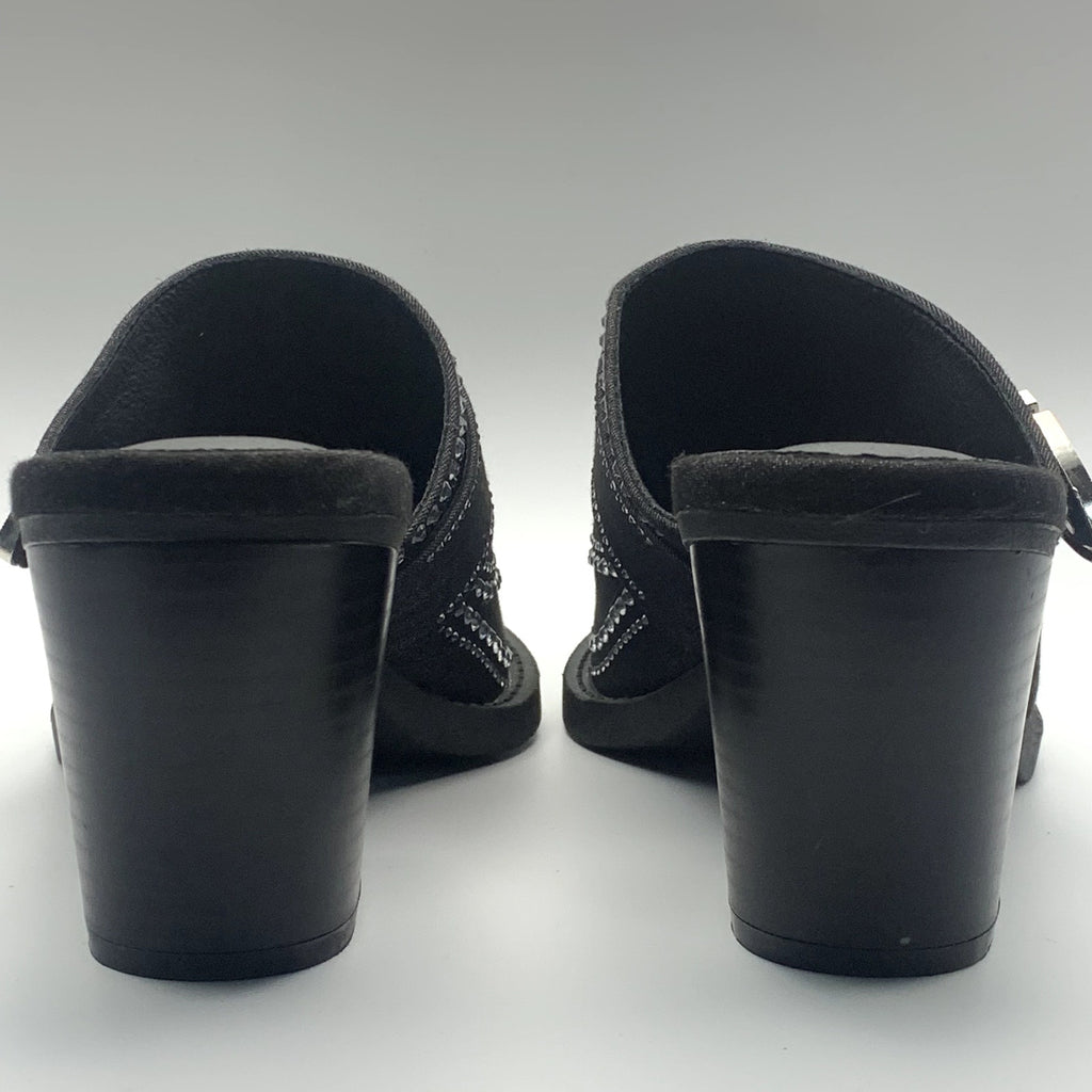 CAPE ROBBIN Women's Black Viv Rhinestone Denim Buckle Pointed-Toe Heels SZ 8