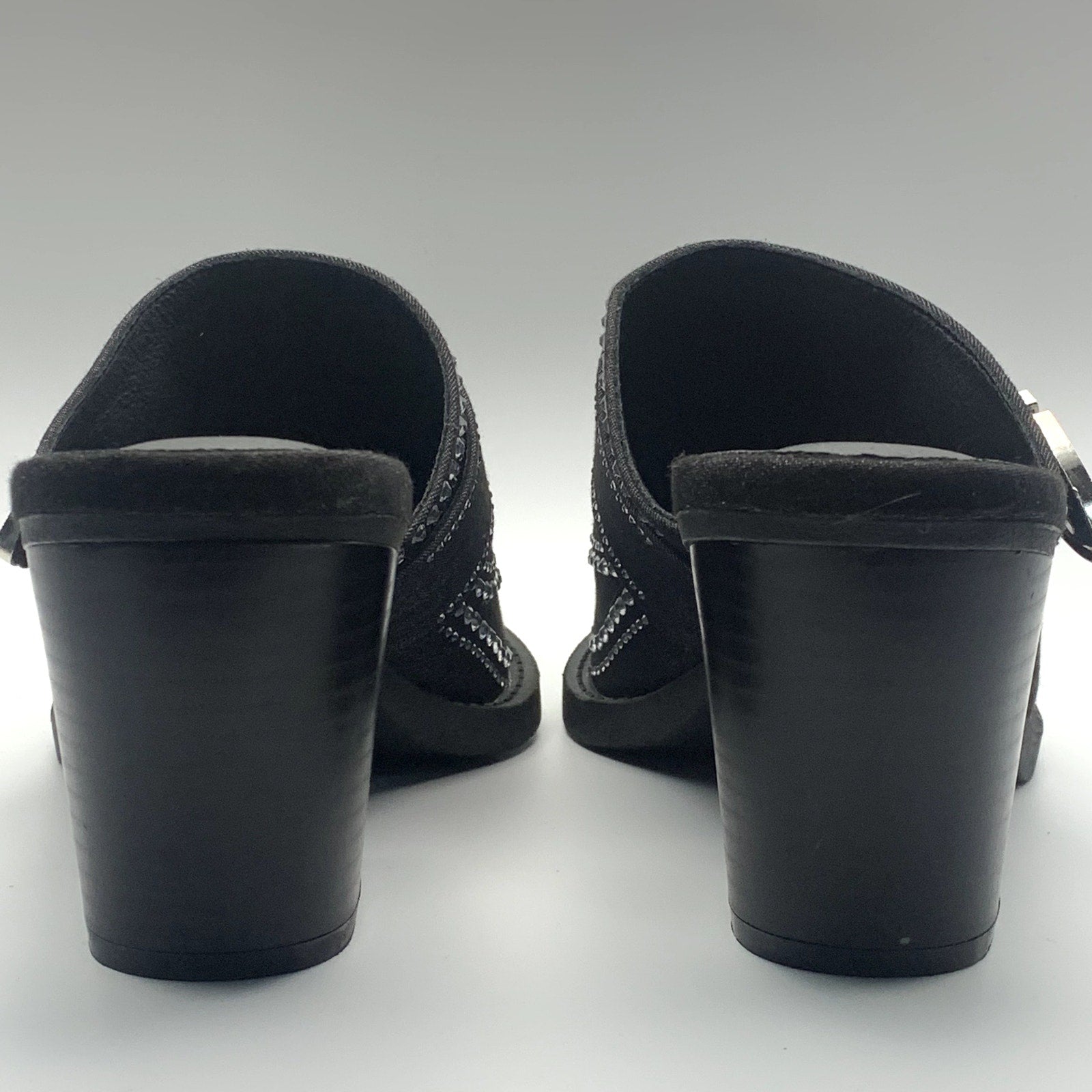 CAPE ROBBIN Women's Black Viv Rhinestone Denim Buckle Pointed-Toe Heels SZ 8