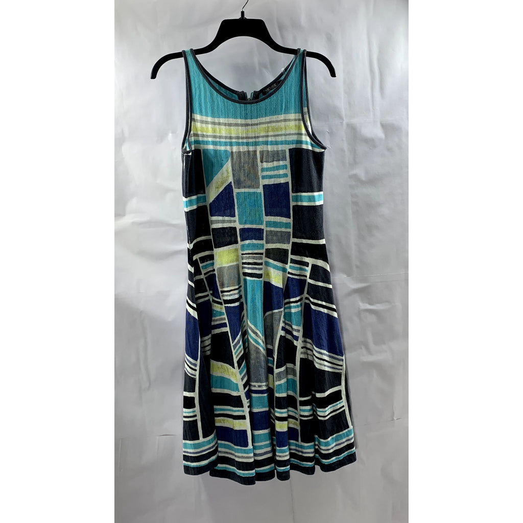 NIC+ZOE Women's Blue Printed Crewneck Fit&Flare Sleeveless Mini Dress SZ M