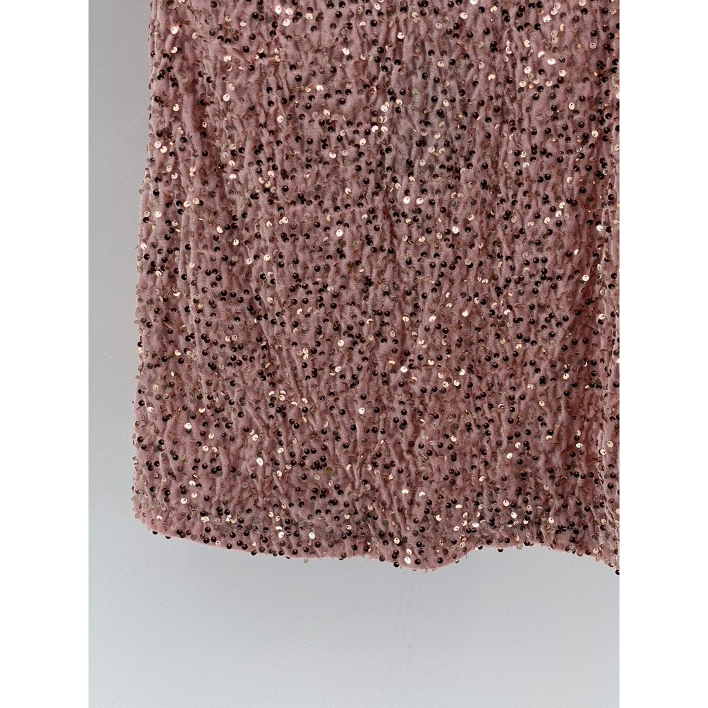 R. VIVIMOS Women's Pink Crewneck Sequin Open-Back Elbow Sleeve Mini Dress SZ L