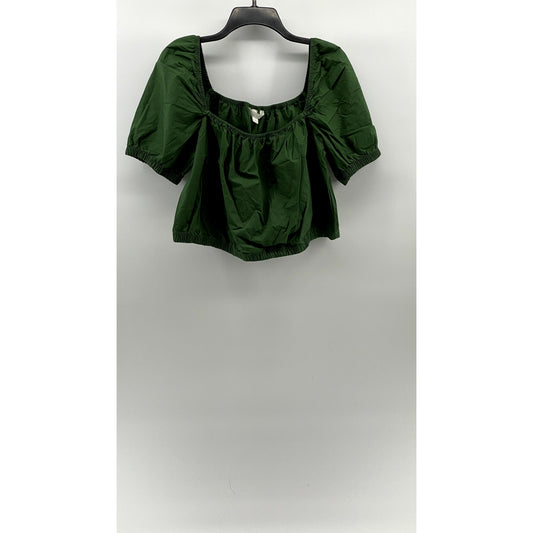H&M Women's Dark Green Scoop-Neck Short Puff-Sleeve Cropped Top SZ L