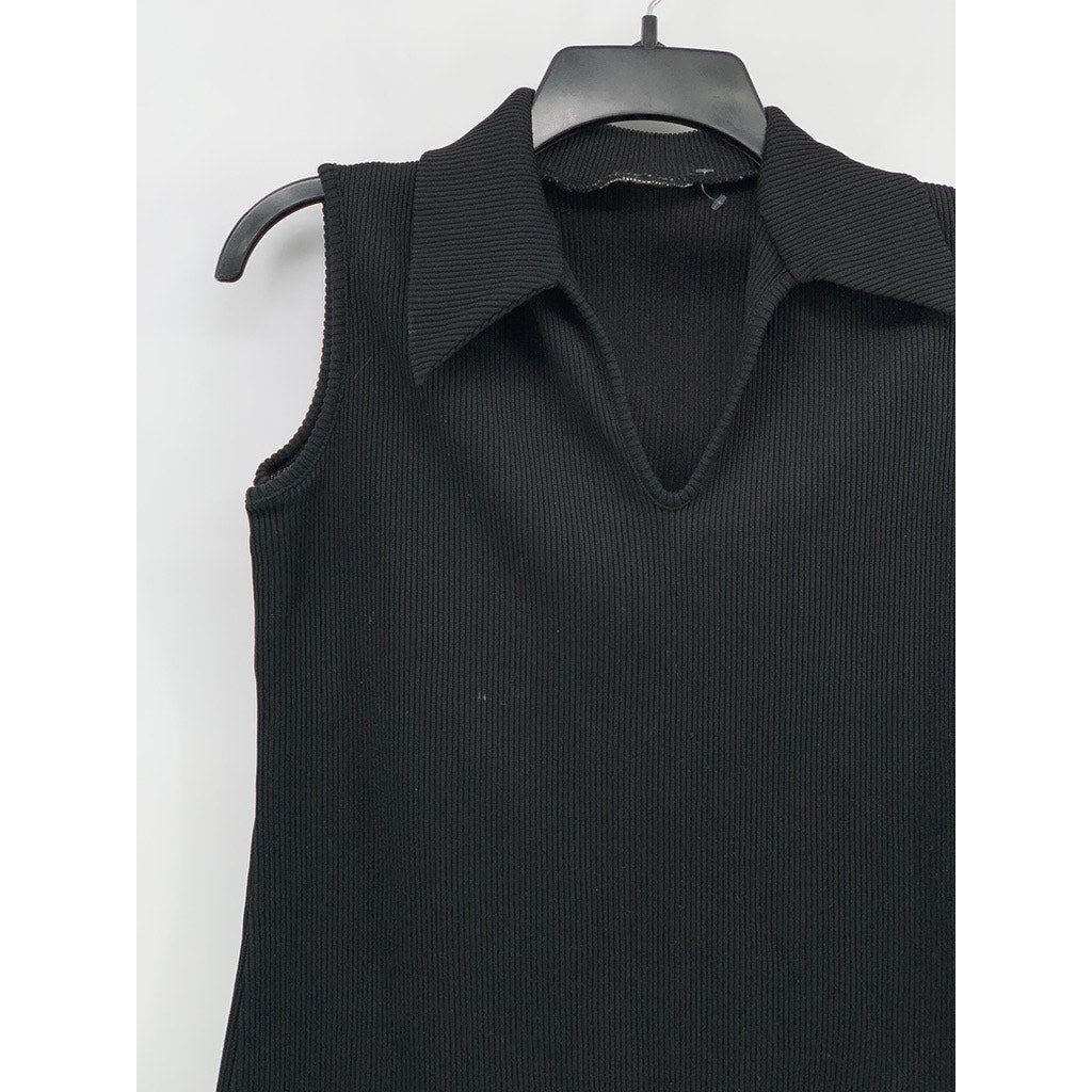 UNBRANDED Women's Black Rib Knit Sleeveless Split Neck Polo Cropped Top SZ S