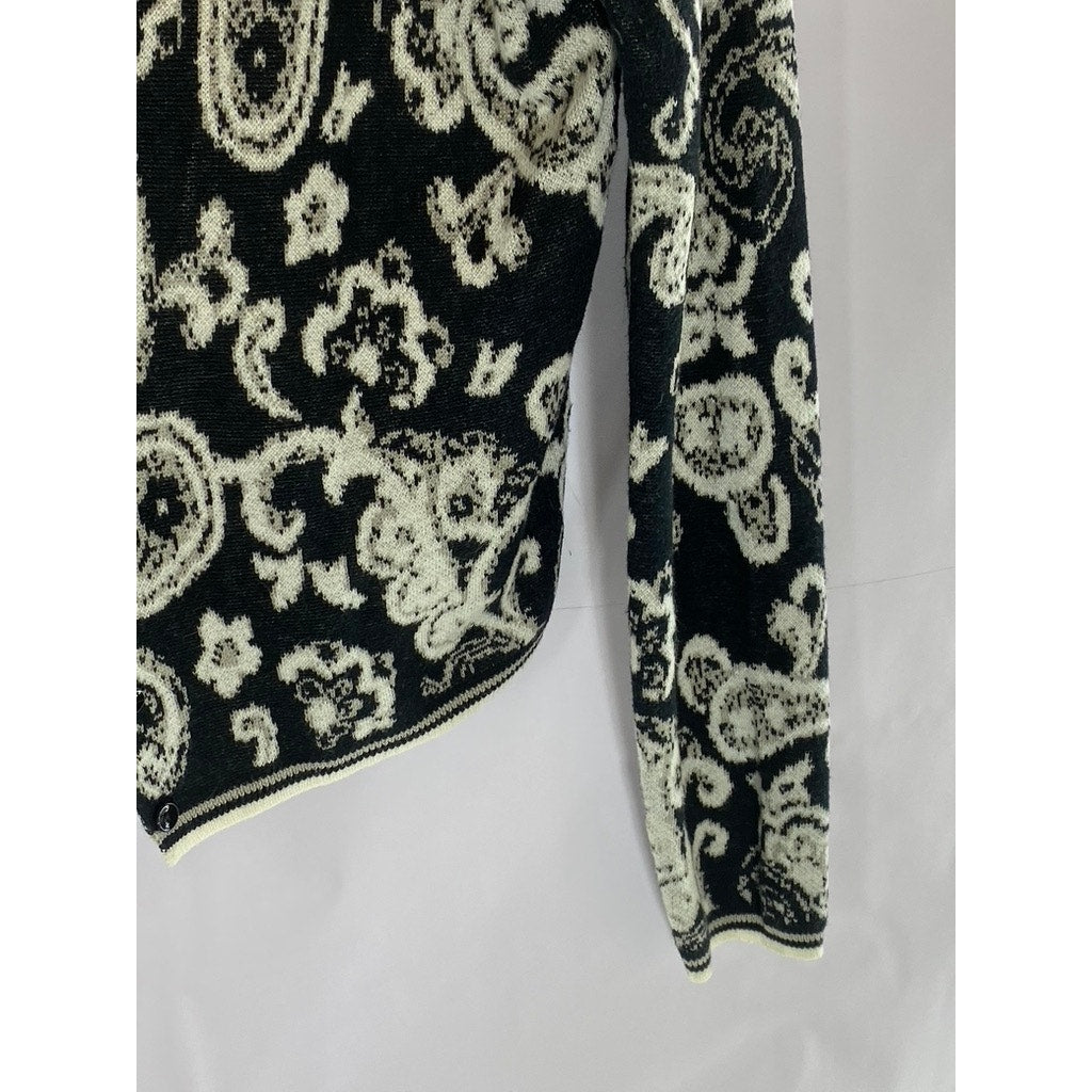 PREMISE STUDIO Women's Black/Cream Paisley Print Button-Up Knit Cardigan SZ M