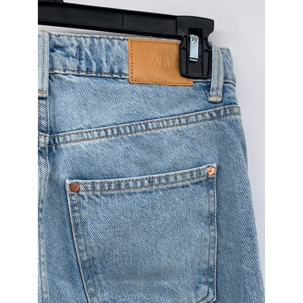 ZARA Women's Light Blue High-Rise Straight-Leg Five-Pocket Frayed Jeans SZ 2