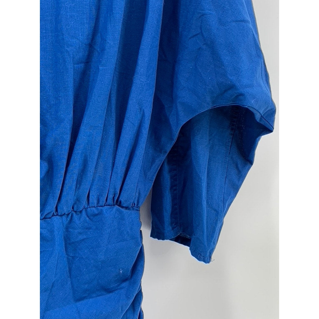 UNBRANDED Women's Vintage 80's Royal Blue Side-Button Long Puff Sleeve Dress SZM