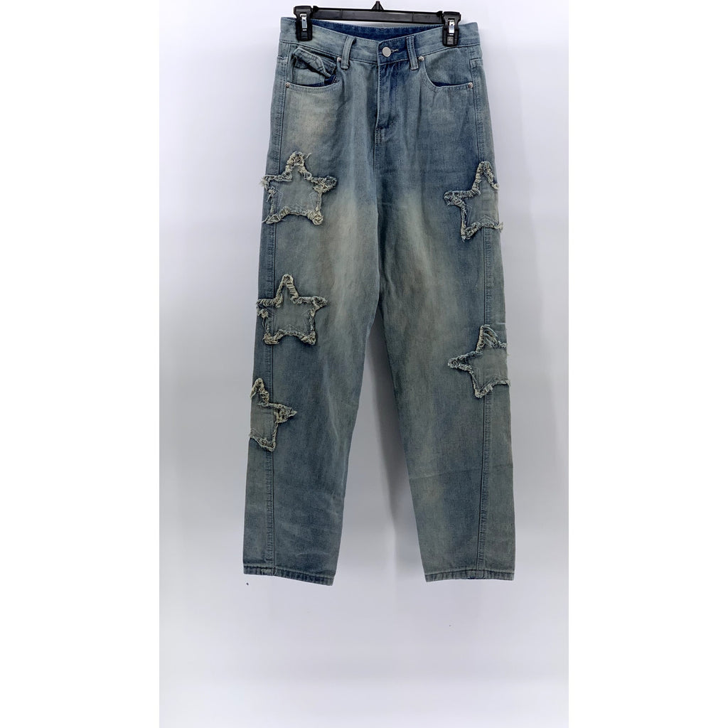 UNBRANDED Women's Light Blue Dyed Star Patch Streetwear Straight-Slim Jeans SZ M