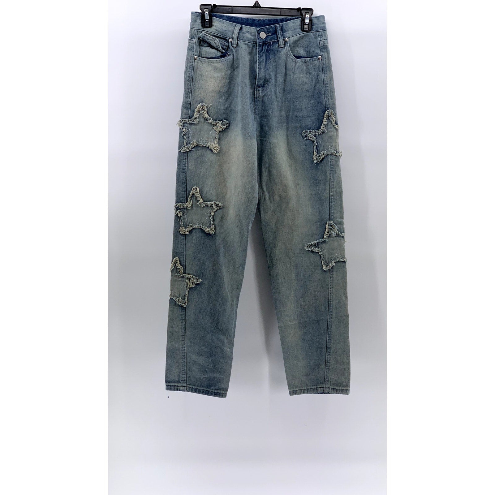 UNBRANDED Women's Light Blue Dyed Star Patch Streetwear Straight-Slim Jeans SZ M
