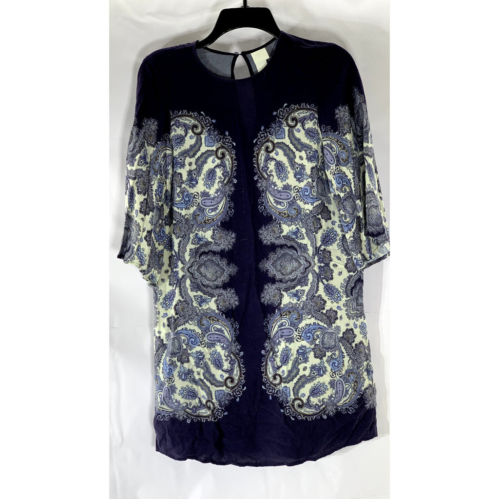 H&M Women's Blue Paisley Print Crewneck Short Sleeve Back Keyhole Dress SZ 2